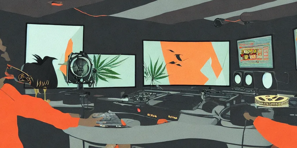 Image similar to 'black chicken'!!! smoking 'cannabis'!!!!!! in front of 'audio console'!!!! and 'multi monitors'!!!! 'in a hi-tech tv broadcasting studio'!!!!, artwork by James Gilleard