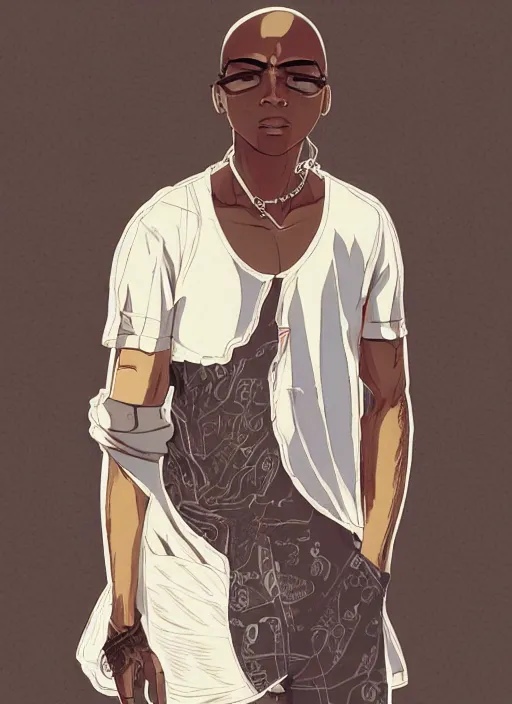 Image similar to character illustration illustrated by tatsuki fujimoto, bald african-american male teenager wearing a white tank-top, intricate cyberpunk city, emotional lighting