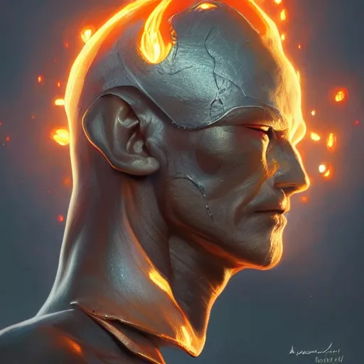 Image similar to humanoid fire elemental, male, face, head shot, fantasy, highly detailed, digital painting, artstation, concept art, smooth, sharp focus, illustration, art by artgerm and greg rutkowski and alphonse mucha