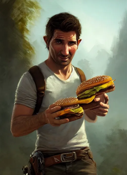 Image similar to Portrait of Nathan Drake with elven ears eating a cheeseburger, realistic, detailed, 4k by Greg Rutkowski Mark Arian trending on artstation