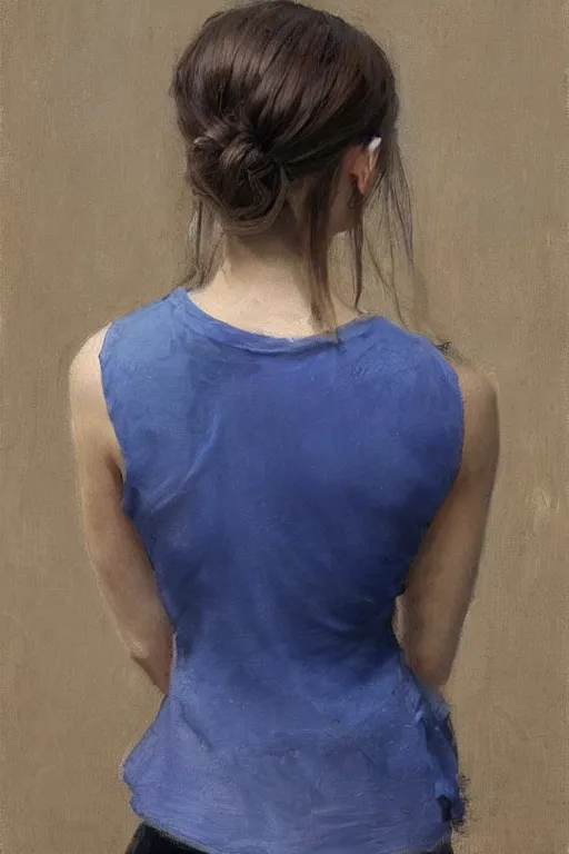 Image similar to girl with messy ponytail hairstyle, back view, blue camisole, shoulder tattoo, jeremy lipking, joseph todorovitch