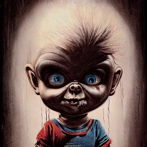 Prompt: painting of chucky by jeremiah ketner and gustave dore | horror themed | creepy