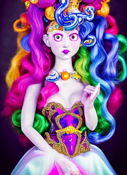 Prompt: A full body shot of a cute and mischievous monster princess with Sailor Moon hair made of tentacles wearing an ornate ball gown covered in jewels. Dynamic Pose. Quinceanera dress. Rainbow palette. rainbowcore. Eldritch Beauty. defined facial features, symmetrical facial features. Opalescent surface. beautiful lighting. By Giger and Ruan Jia and Artgerm and WLOP and William-Adolphe Bouguereau. Fantasy Illustration. Sailor Moon hair. Masterpiece. trending on artstation, featured on pixiv, award winning, cinematic composition, dramatic pose, sharp, details, Hyper-detailed, HD, HDR, 4K, 8K.