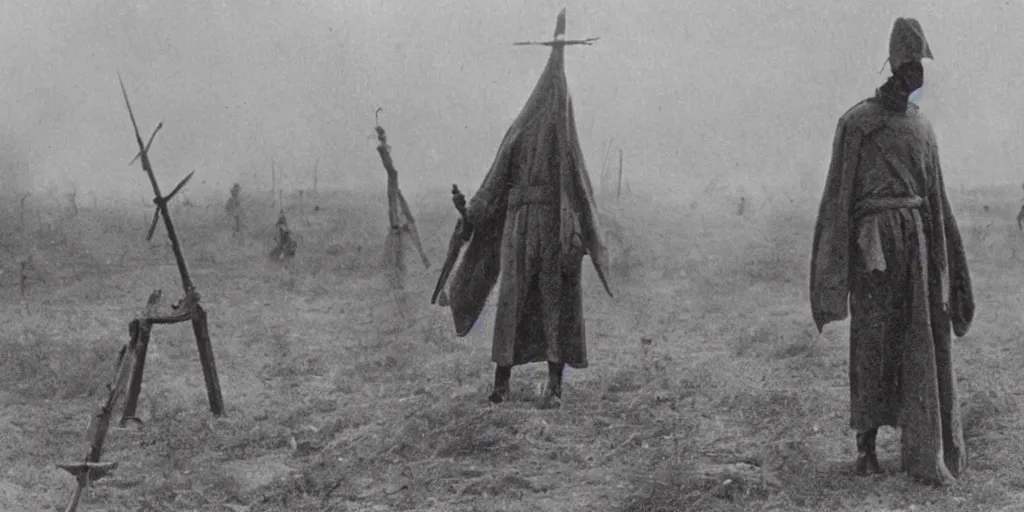 Image similar to scary unproportionable tall ghost creature in the middle of a battlefield, 1900s picture