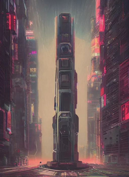 Image similar to a painting of a giant robot standing in front of a city, cyberpunk art by mike winkelmann, behance contest winner, nuclear art, dystopian art, apocalypse art, sci - fi