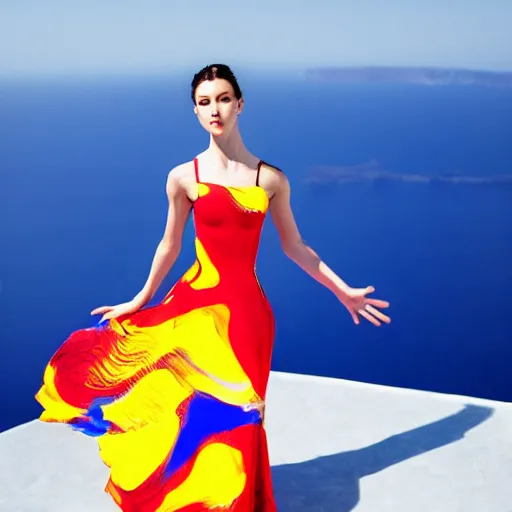 Image similar to beautiful contemporary dancer wearing a red, yellow, blue swirling dress, standing on a Santorini terrace looking down into the ocean, trending on artstation, cinematic, photorealistic