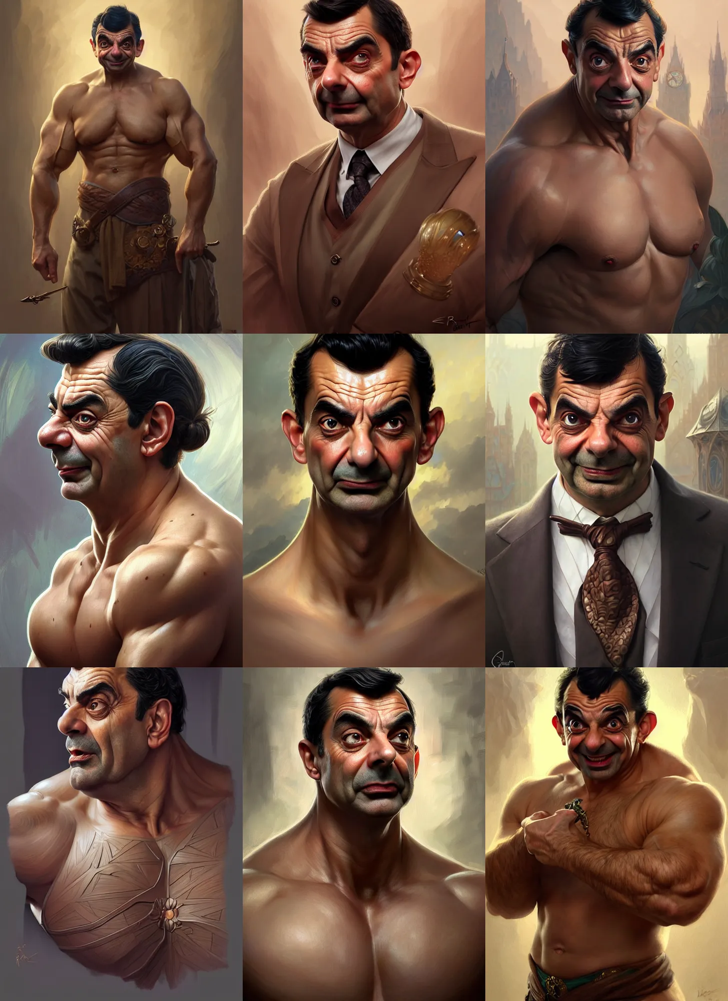 Prompt: portrait of mr bean with synthol muscles, d & d, muscular! fantasy, intricate, elegant, highly detailed, digital painting, artstation, concept art, smooth, sharp focus, illustration, art by artgerm and greg rutkowski and alphonse mucha