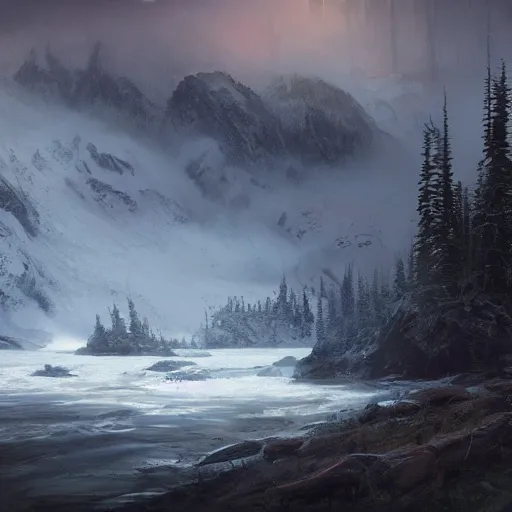 Prompt: illustration of an alaskan wildness just before darkness, greg rutkowski