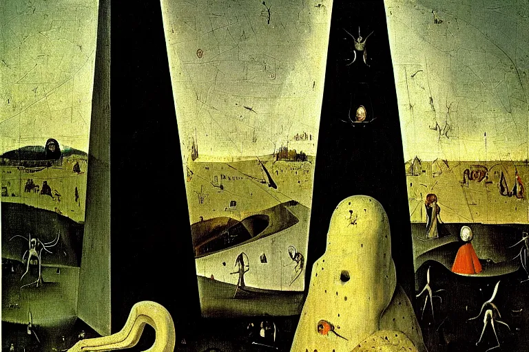 Image similar to the white obelisk the serpent and the black obelisk, oil on canvas, high detail, by hieronymus bosch