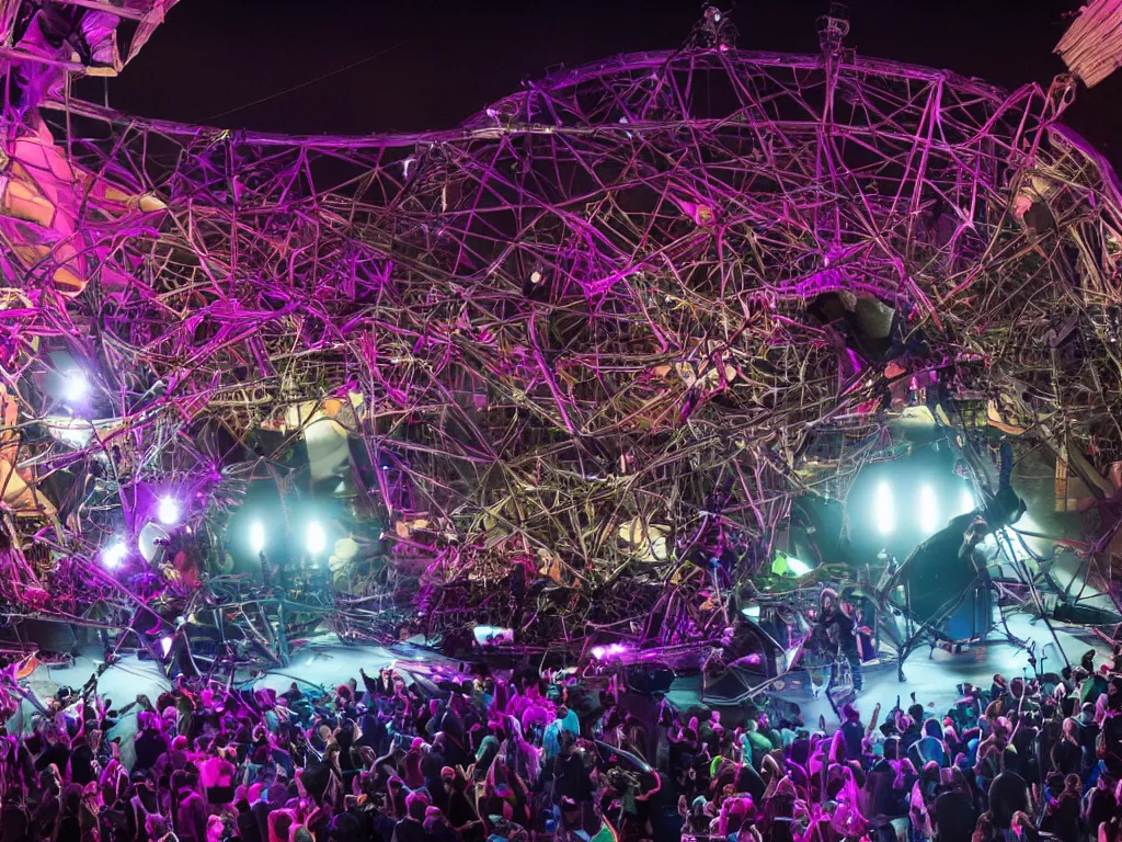 Prompt: a cyborg dj is playing a vast array of highly evolved musical technology on a stage surrounded by an incredible and complex circular robotic structure playing highly evolved music overlooking a crowd at a forest festival lit by fire