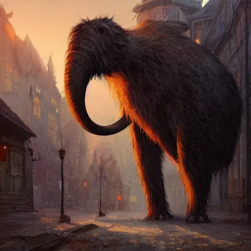 Prompt: “a giant rat in a creepy town getting attacked by a wooly mammoth, twilight, D&D, fantasy, intricate, cinematic lighting, highly detailed, digital painting, artstation, concept art, smooth, sharp focus, illustration, art by Artgerm and Greg Rutkowski and Alphonse Mucha”