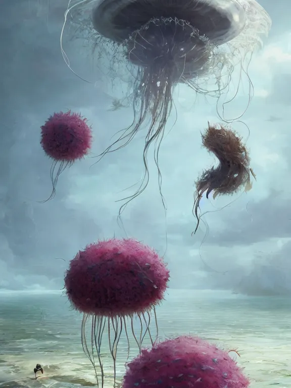 Image similar to a fancy portrait of a giant floating flower and jellyfish by Greg Rutkowski, Sung Choi, Mitchell Mohrhauser, Maciej Kuciara, Johnson Ting, Maxim Verehin, Peter Konig, Bloodborne, beeple, 8k photorealistic, cinematic lighting, HD, high details, atmospheric , trending on artstation. made in Maya, Blender and Photoshop, octane render, excellent composition, cinematic dystopian brutalist atmosphere, dynamic dramatic cinematic lighting, aesthetic, very inspirational, arthouse. y Greg Rutkowski, Ilya Kuvshinov, WLOP, Stanley Artgerm Lau, Ruan Jia and Fenghua Zhong