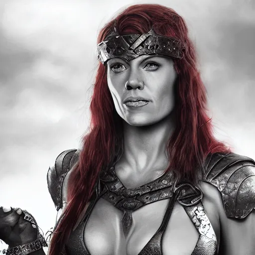 Image similar to hyper realistic photo of red sonja portrait, cinematic