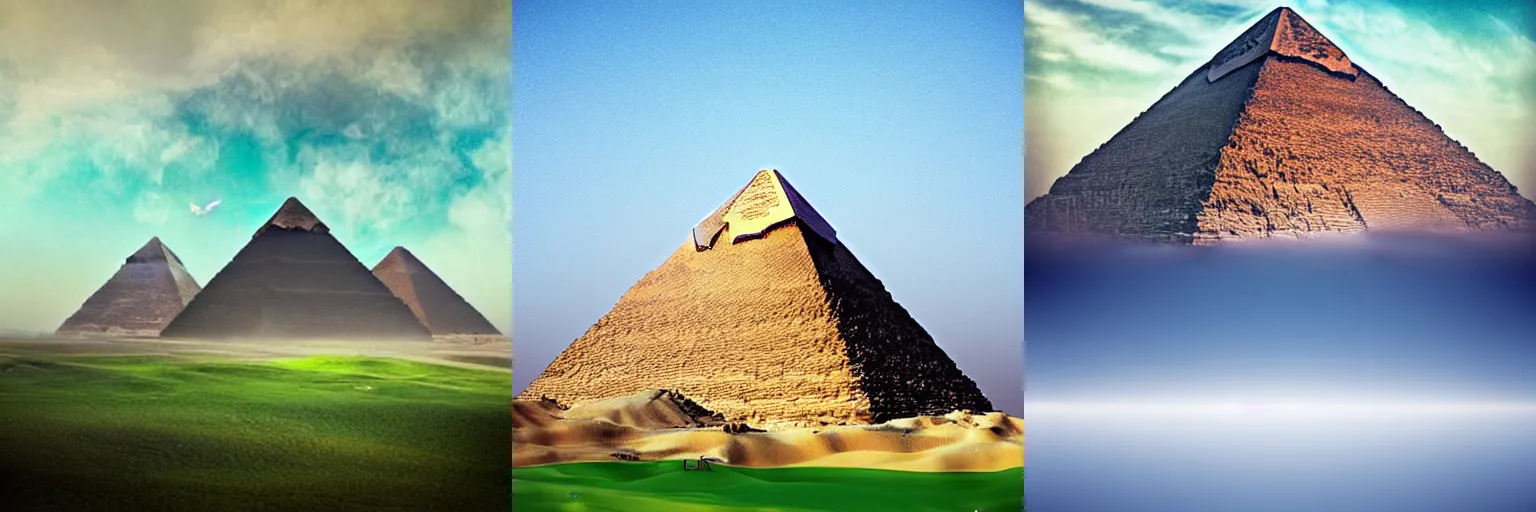 Prompt: giza pyramids, fog, blue and green colors, fantasy art