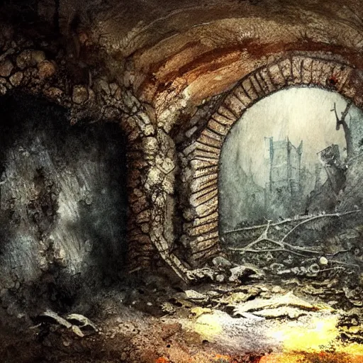 Image similar to abandoned ruined cave city, gothic art, color, detailed, eerie, emotional, sad, highly detailed, sharp focus, motherboard, Artstation, deviantart, artgem, insane detail, watercolor, golden ratio, in the style of Heavy Metal Comics