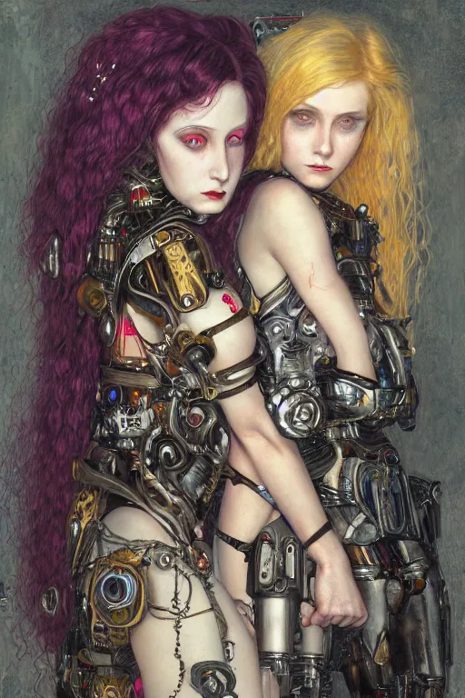 Image similar to portrait of two beautiful young gothic cyborg maidens, cyberpunk, Warhammer, kiss, highly detailed, artstation, illustration, art by Gustav Klimt