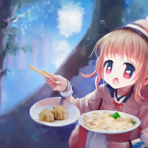 Prompt: happy cute anime girl eats dumplings, concept art, trending on artstation, highly detailed, intricate, sharp focus, digital art, 8 k