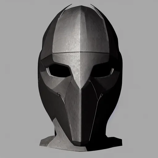 Image similar to concept design for a solid plate featureless metallic mask, 3 d render, volumetric lighting, unreal engine, reflective material