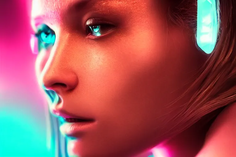 Image similar to VFX movie of a futuristic space woman gorgeous closeup portrait in future spaceship, beautiful natural skin neon lighting by Emmanuel Lubezki