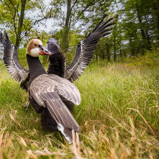 Image similar to high quality trail cam footage of a goose attacking a human. 8 k photography, depth of field, canon dslr