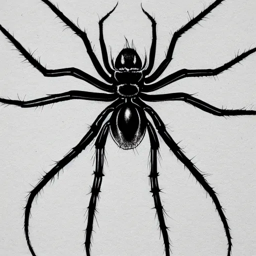 Image similar to spider, black and white, botanical illustration, naturalistic, book illustration, black ink on white paper, bold lines