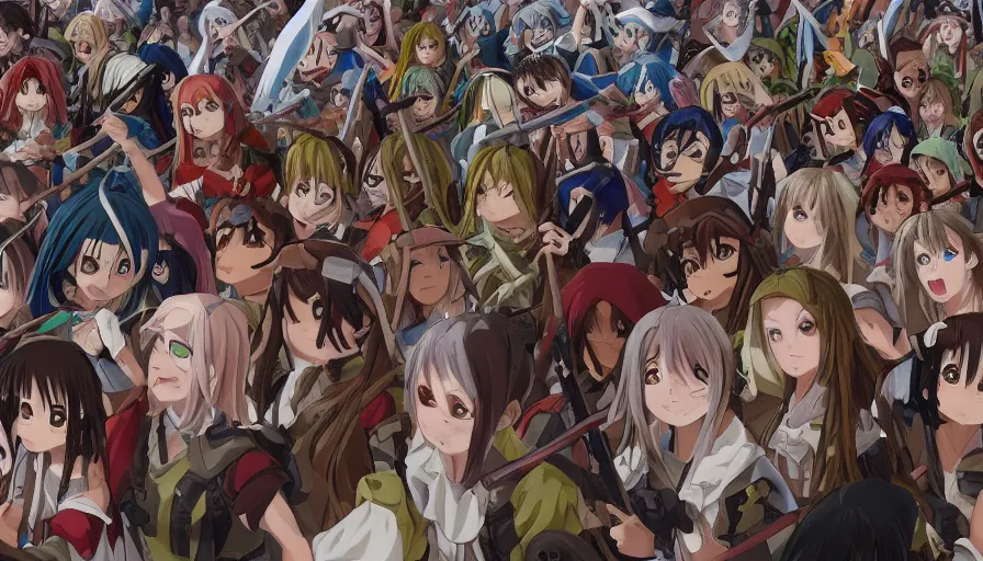 Image similar to jesus christ our lord standing in the front leading an army of cute anime girls into battle, photorealistic, anime, realistic faces, mini skirt, long hair, lightly dressed, renaissance painting, hyper real, detailed, closeup shot, ultra detailed