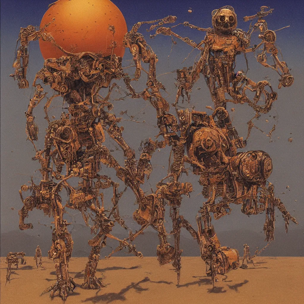 Image similar to a (pulp sci-fi) cover from 1993 with a (((rusty riveted dog))) on a desert planet, inspired by zdzslaw beksinski