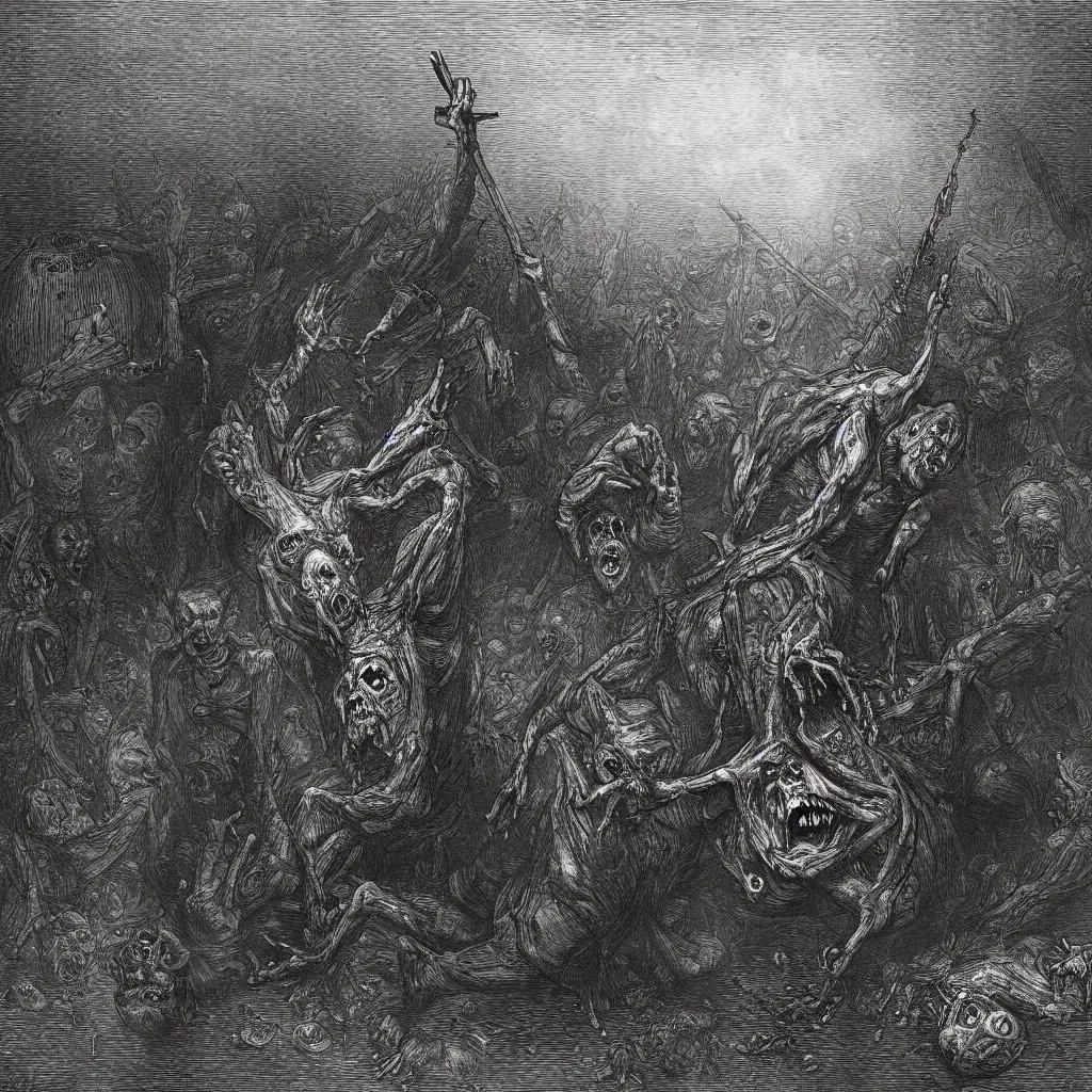 Image similar to zombie crawling out of a steel barrel, creepy atmosphere, dark, portrait, realistic, very realistic, illustration by gustave dore