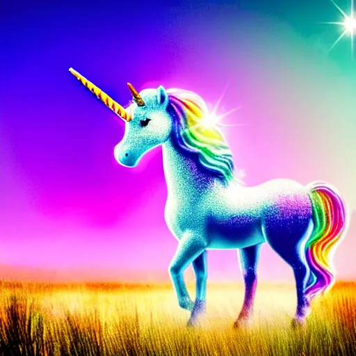 Image similar to an ultra high definition pastel coloured wildlife photograph of a magic unicorn with a glittery magic horn eating an ice cream in a magical field. refraction, volumetric lighting iridescence.