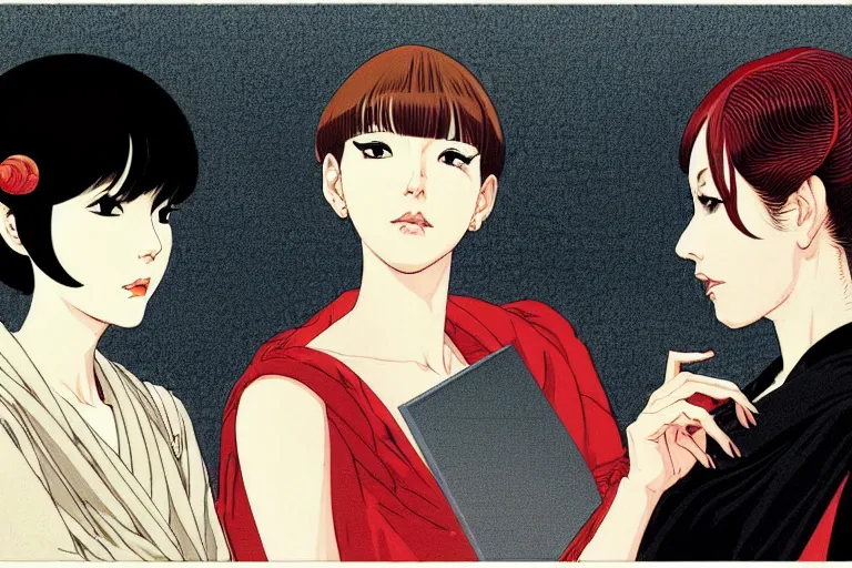 Image similar to portrait of two wise and very beautiful women discussing some texts appearing in a computer screen, art by satoshi kon, intricate, elegant, highly detailed, smooth, sharp focus, artstation