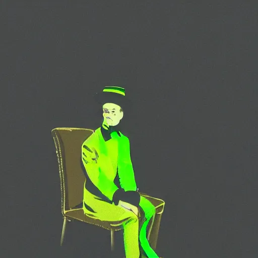 Image similar to man with neon green clothing, a scarf and a tophat sitting down in a black void,