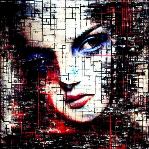 Image similar to portrait of a hooded beautiful women, mysterious, glitch effects over the eyes, shadows, by Guy Denning, by Johannes Itten, by Russ Mills, centered, glitch art, innocent, clear skin, smooth, hacking effects, chromatic, cyberpunk, color blocking, digital art, concept art, abstract