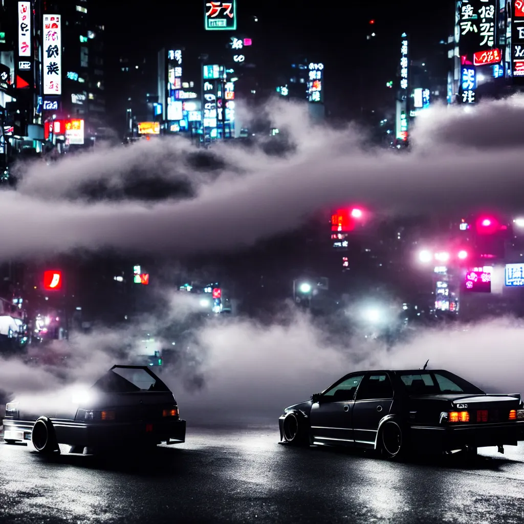 Prompt: JZX90 twin turbo drift in Shibuya, misty night