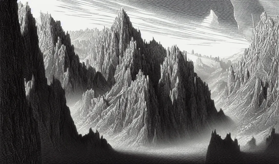 Prompt: a beautiful landscape. engraving by gustave dore, kentaro miura. extremely high details, masterpiece, artstation contest winner