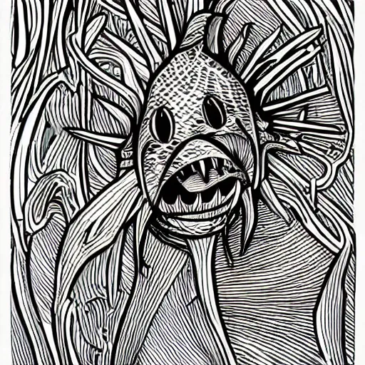 Image similar to illustration of an angler fish, in the style of robert geronimo, deep sea, stylized linework, ornamentation, artistic, muted color