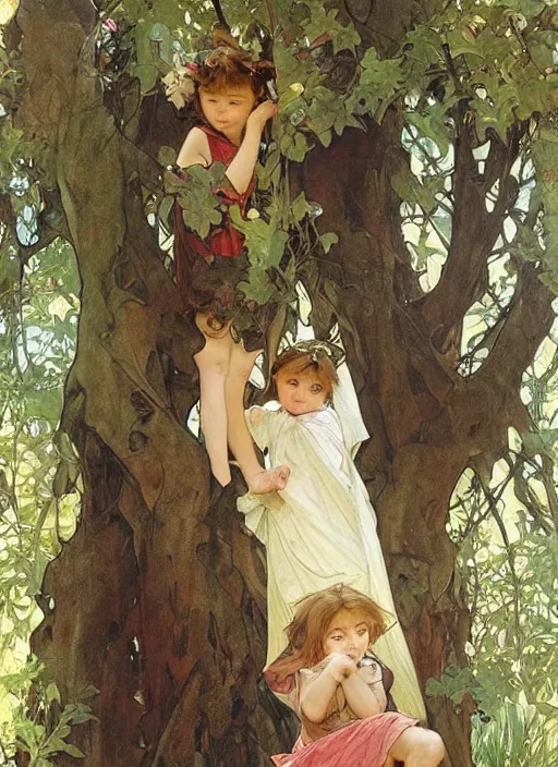 Prompt: two children mischievously peeking out from behind a tree, beautiful painting by artgerm and greg rutkowski and alphonse mucha