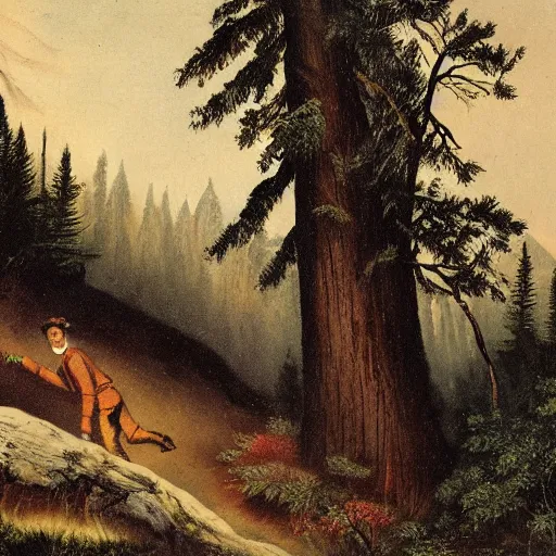 Prompt: hunter alone in the wilderness, running from forest fire, boreal forest, 19th century