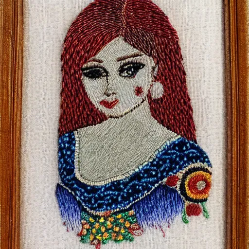 Image similar to a tiny beautiful handmade embroidery of a woman. hand embroidery.