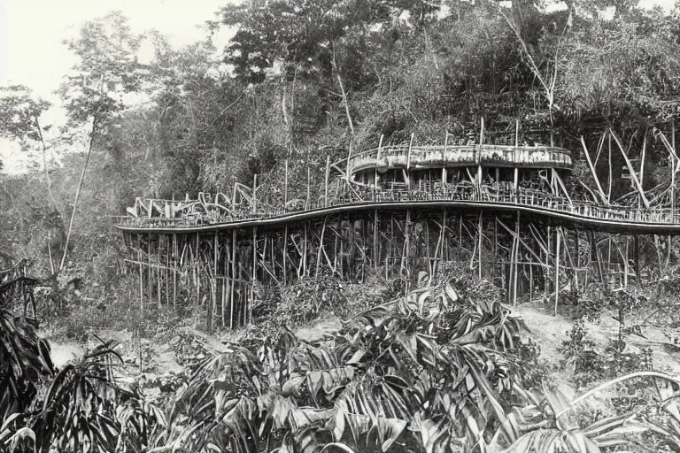 Image similar to a 1 9 0 5 colonial closeup photograph of a rollercoaster in a village at the river bank of congo, thick jungle, scary, evil looking, wide angle shot