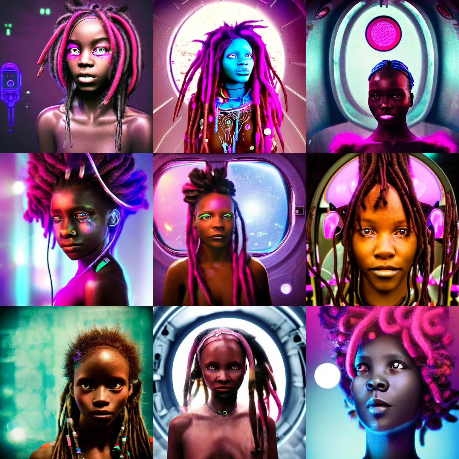 Prompt: beautiful futuristic himba young woman inside a spaceship, glowing magenta mechanical eyes, robotic prosthetic arms, blue glass dreadlocks, hyperrealistic, sci - fi, dramatic lighting, intricate, soft focus, assymetrical