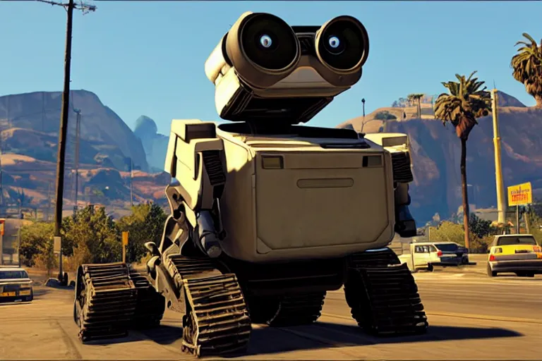 Image similar to wall - e in grand theft auto 5, heavy detailed, ultra high definition quality, gta 5 game engine graphics