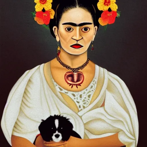 Image similar to a cream colored havanese dog as frida kahlo, portrait by frida kahlo