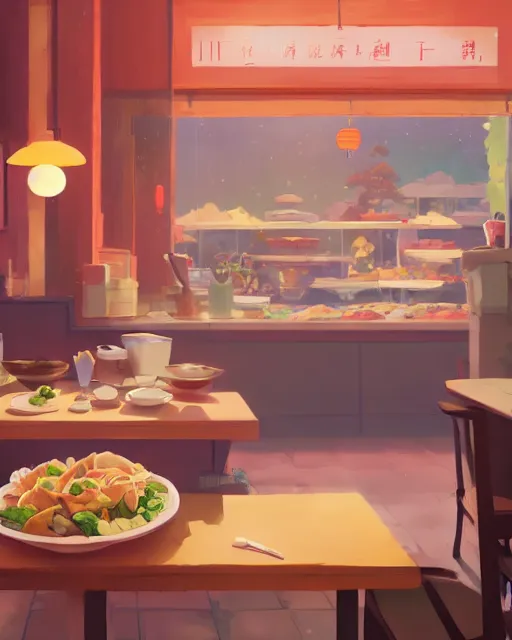 Image similar to chinese buffet in a homely little restaurant, cory loftis, james gilleard, atey ghailan, makoto shinkai, goro fujita, studio ghibli, rim light, exquisite lighting, clear focus, very coherent, plain background, soft painting