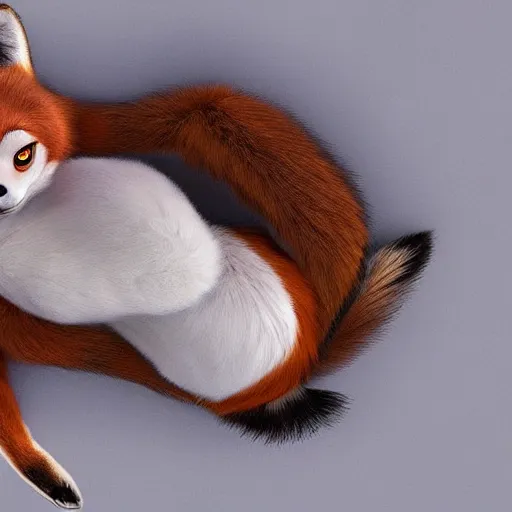 Image similar to upper half portrait of a anthropomorphic female fox with short white fur covering her body in the style of zootopia, top down view