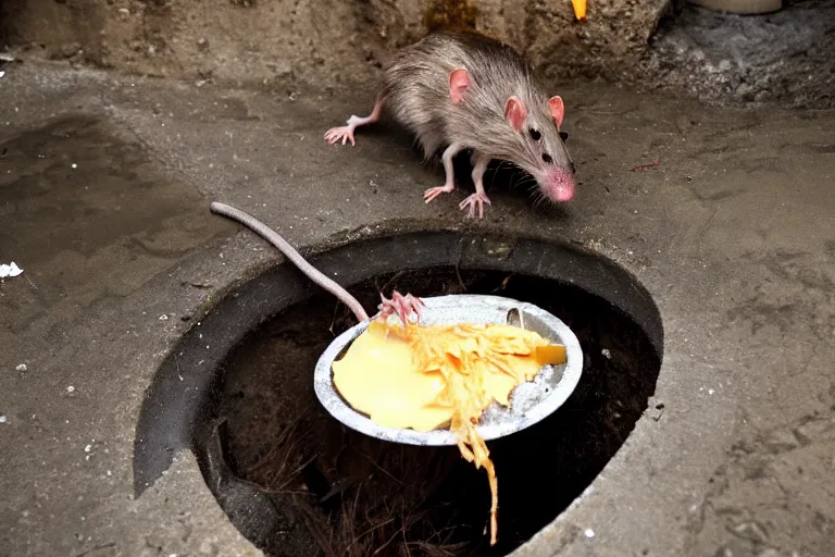 Image similar to a mutant disgusting rat eating cheese in a sewer, photograph, terror, horror, mutant,