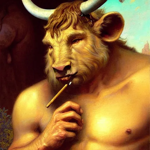 Prompt: a portrait of a minotaur smoking a joint. highly detailed painting by gaston bussiere, craig mullins, j. c. leyendecker, furry