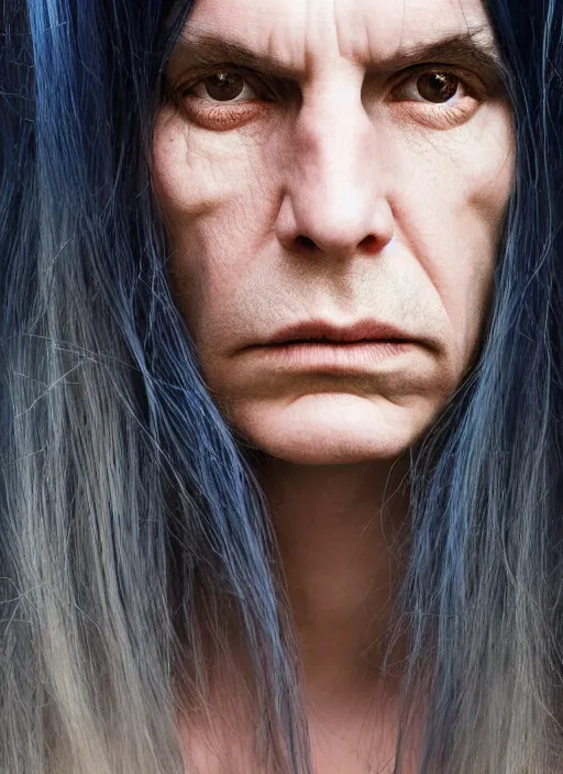 Prompt: portrait photograph of the most beautiful woman with a long dark blue hair, blue eyes, stern expression, david mccurry, lorenzo agius, alessio albi