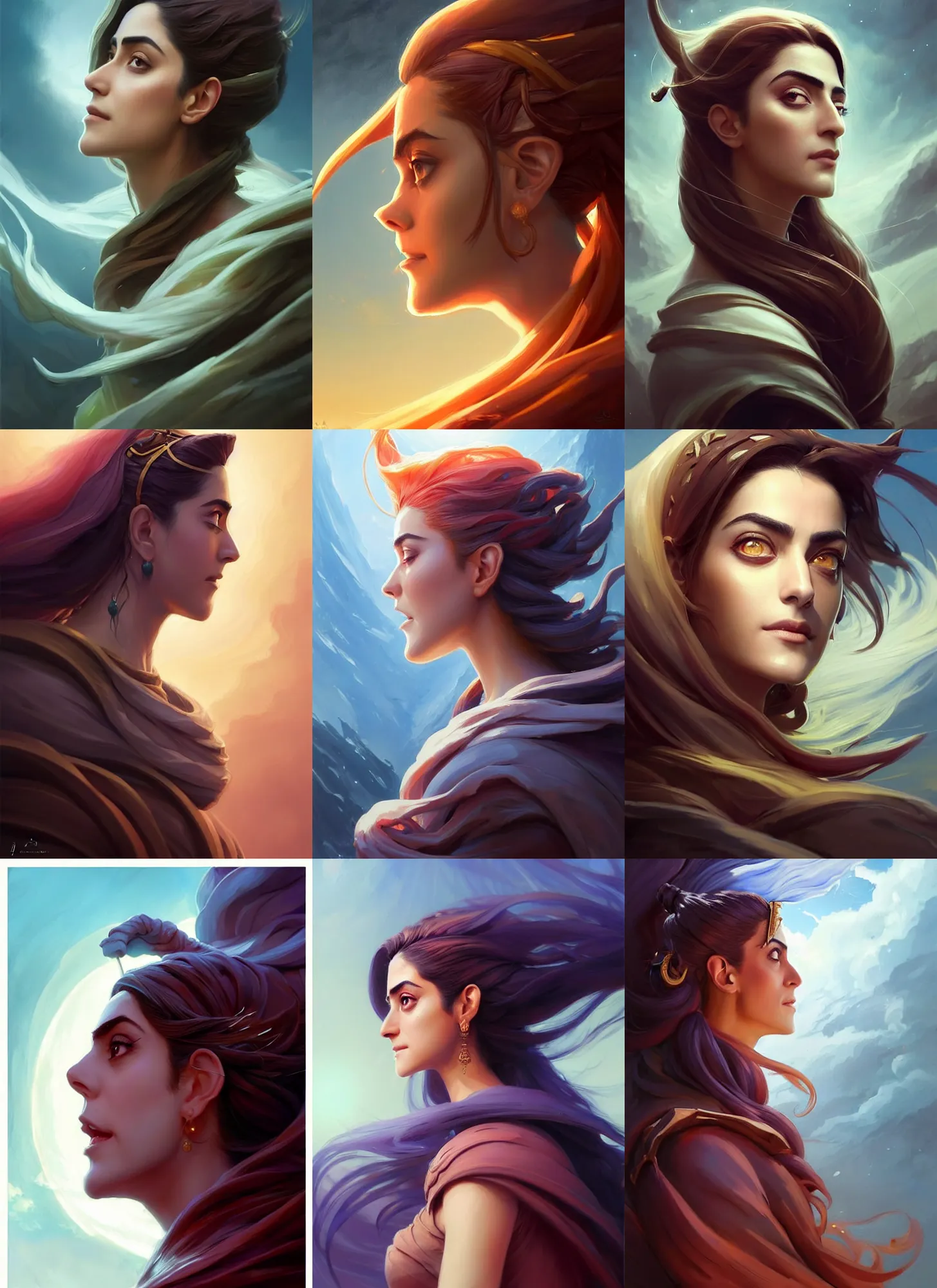 Prompt: side profile centered painted portrait, Maya Ali as a wind mage, only one head, Elden Ring D&D, cell-shaded, matte painting concept art, radiant backlighting, official fanart, 4k, HDR, Trending on artstation, Behance, Pinterest, by Jesper Ejsing and RHADS and Makoto Shinkai and Lois van baarle and ilya kuvshinov and rossdraws and Cushart Krentz and Gilleard James