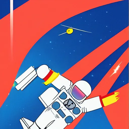 Image similar to An astronaut in space riding on a rocket, in the style of hiroshi nagai