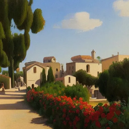 Image similar to a beautiful painting of a mediterranean village in summer by peter ilsted, whitewashed housed, cypress trees, cyan shutters on windows, trending and featured on artstation and behance